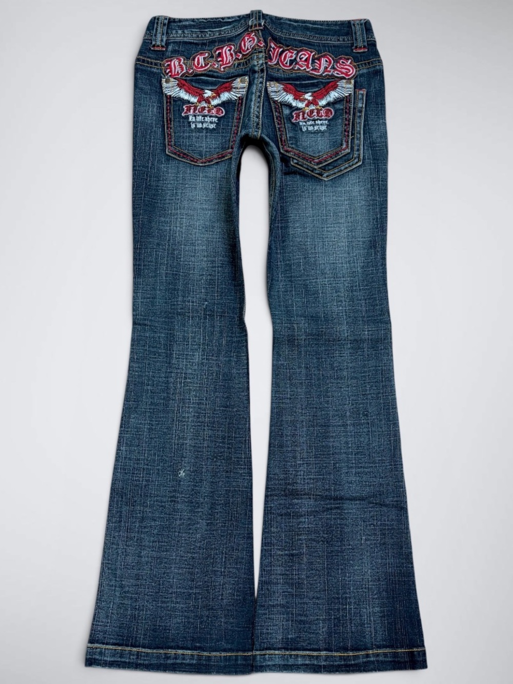 Vintage BCBG Jeans Low Rise Flare Embroidered Eagle Gothic Spell Out Y2K Grunge